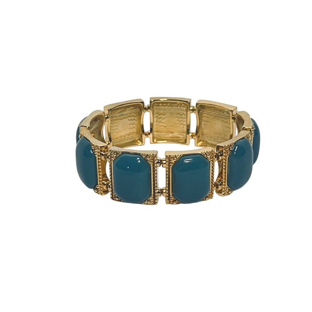Gold Tone With Smooth Aqua Blue Cabochons Stretch Bracelet (6237) - Picture 2 of 5